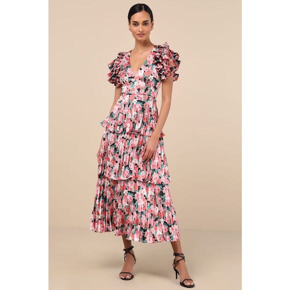 NWT Lulus Stunning Desire Pink Floral Satin Pleated Tiered Midi Dress Size XL - Picture 1 of 7